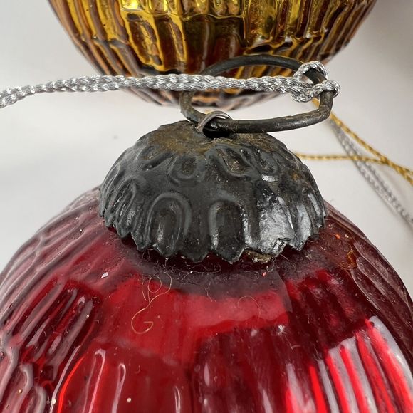 Vtg Kugel Style Thick Mercury Glass Scarlet Red &‎ Amber Ball Ornaments Set/6 - Picture 4 of 12